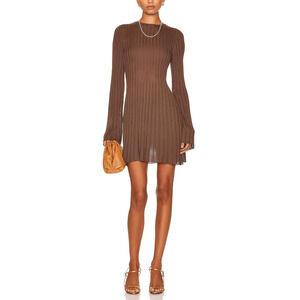 SIR. Aya Rib Knit Long Sleeve Tunic Top Dress in Chocolate Semi Sheer Mesh